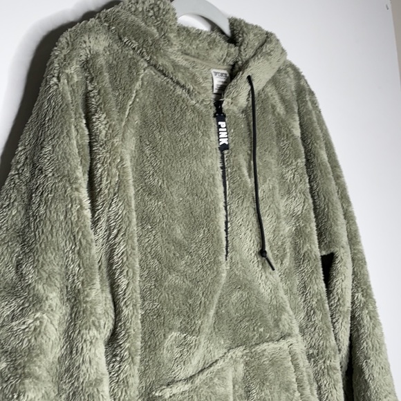 PINK by VS Sherpa Hoodie Quarter Zip Green sz Lg - Picture 2 of 4